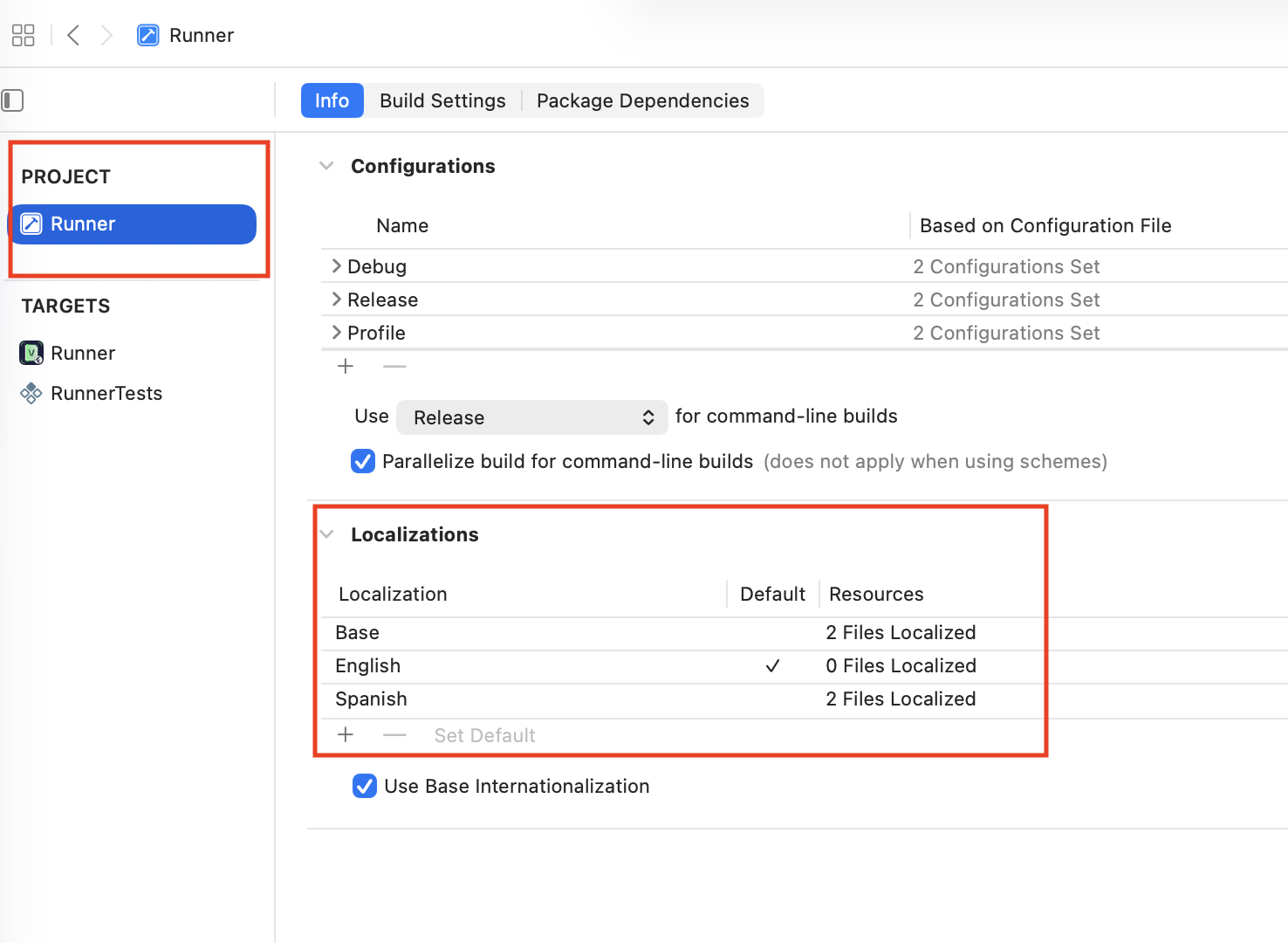 Xcode Project editor: Info tab, Localizations (screenshot placeholder)