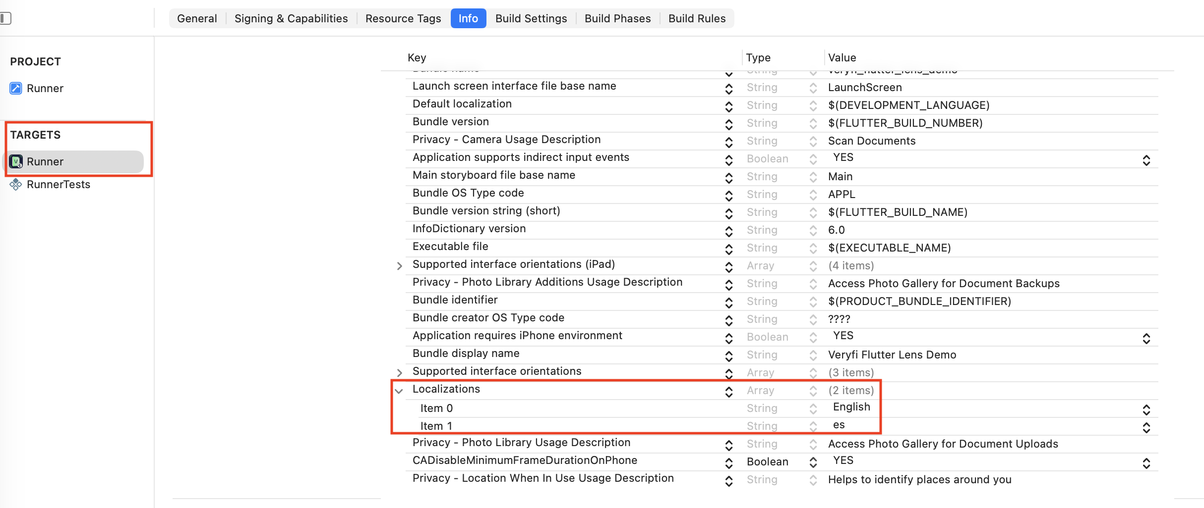 Xcode Target: Info tab, Localizations key in plist (screenshot placeholder)